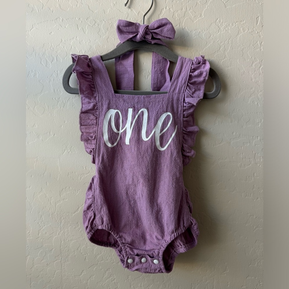 Purple ONE year romper with matching bow